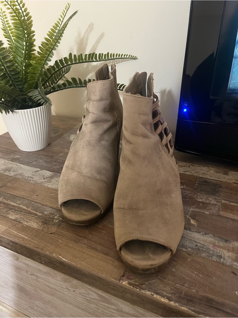 Sugar Taupe Suede Peep-Toe Cutout Ankle Booties